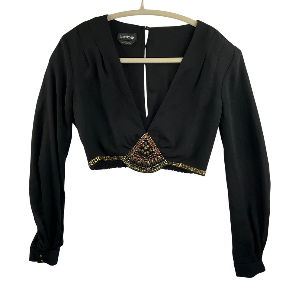 Bebe Black Cropped Blouse Beaded Embellished Deep V-Neck Long Sleeve Top XS/S